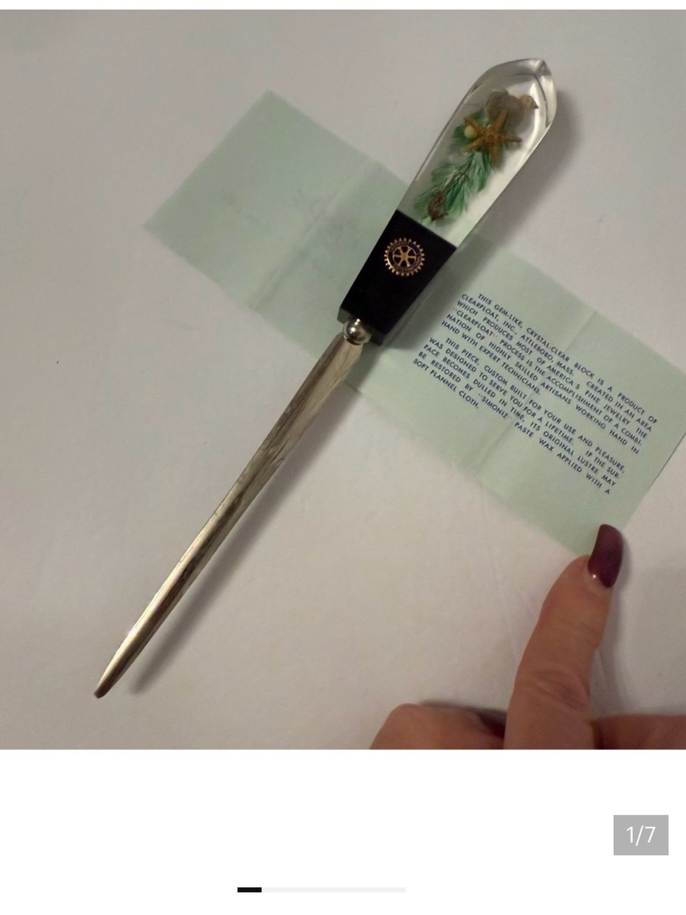 CLEARFLOAT ROTARY INTERNATIONAL NEW LETTER OPENER 9” SHELL MOTIF HANDLE HOME USA